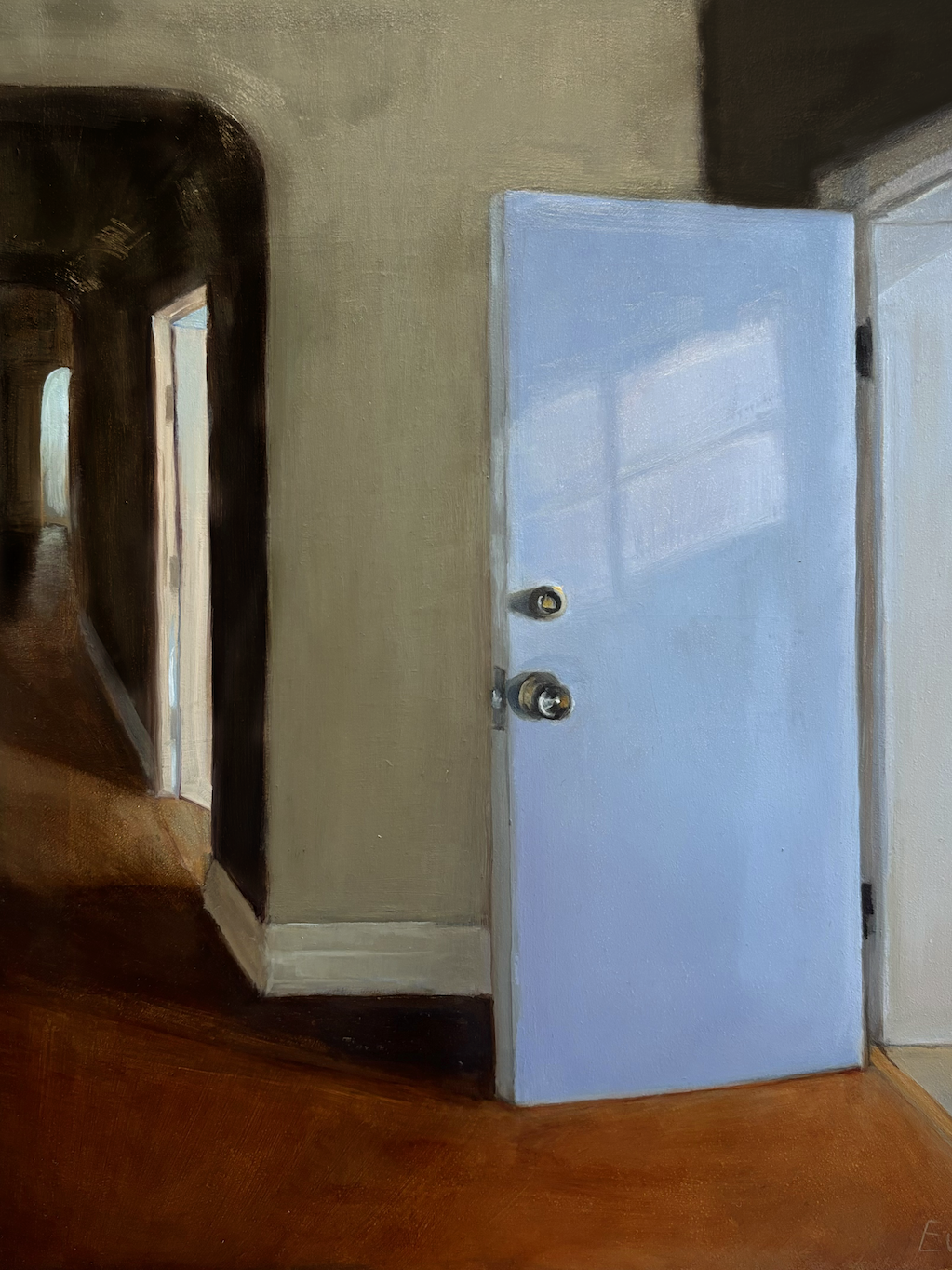 Painting of a blue door with reflection of a window; behind it, a dark hallway with multiple doors is visible.